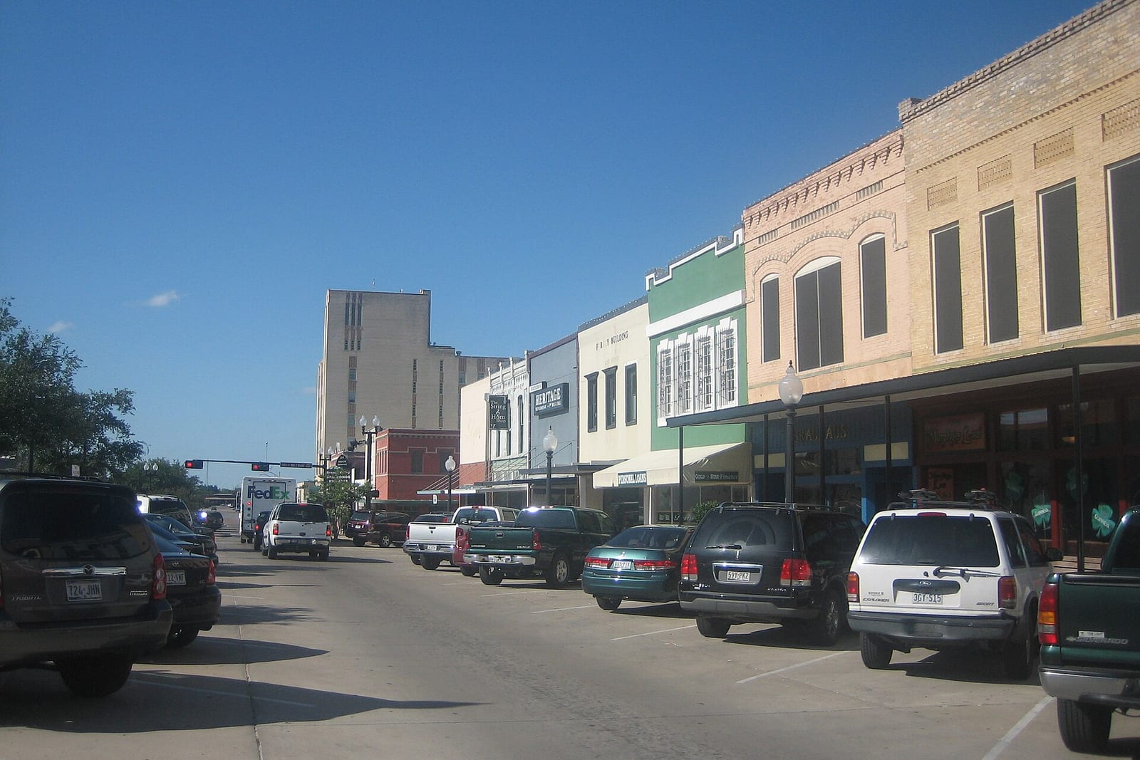 Storefronts along Main Street in downtown Bryan, Texas