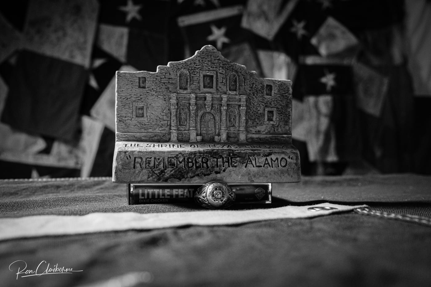 An Aggie Ring box photographed in black and white